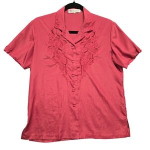 Rose Brand Vintage Hand Embroidered Blouse Red Button Front Shirt M